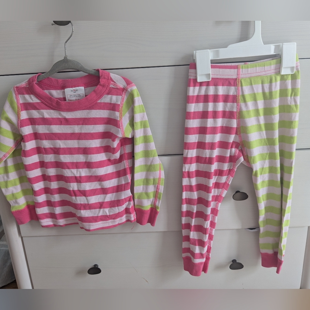 Hanna Anderson Striped Pink and Green Kids Pajamas, 3T